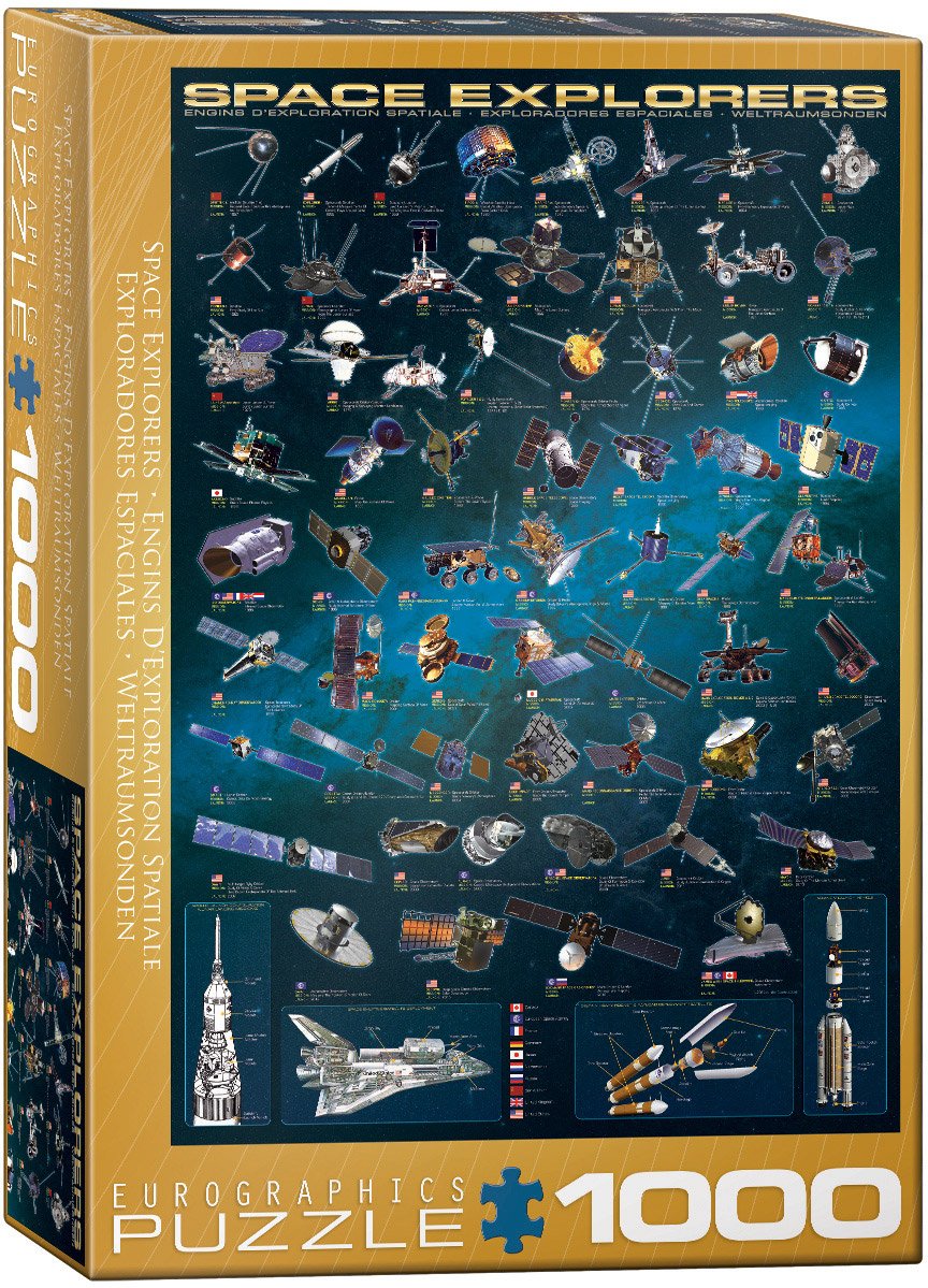 The image shows the EUR - SPACE EXPLORERS - 1000 PIECE puzzle box, featuring illustrations of spacecraft, satellites, and space probes set against a dark blue background.
