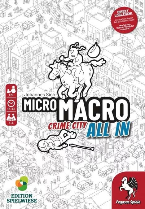 Box cover of MICROMACRO: CRIME CITY 3 – ALL IN. The cover shows a cartoon detective on horseback, exploring a city packed with detailed black-and-white buildings and people.
